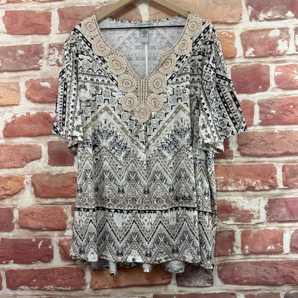 Catherines Top Women's 3X White Multicolor Boho Crochet Medallion Neck Shirt